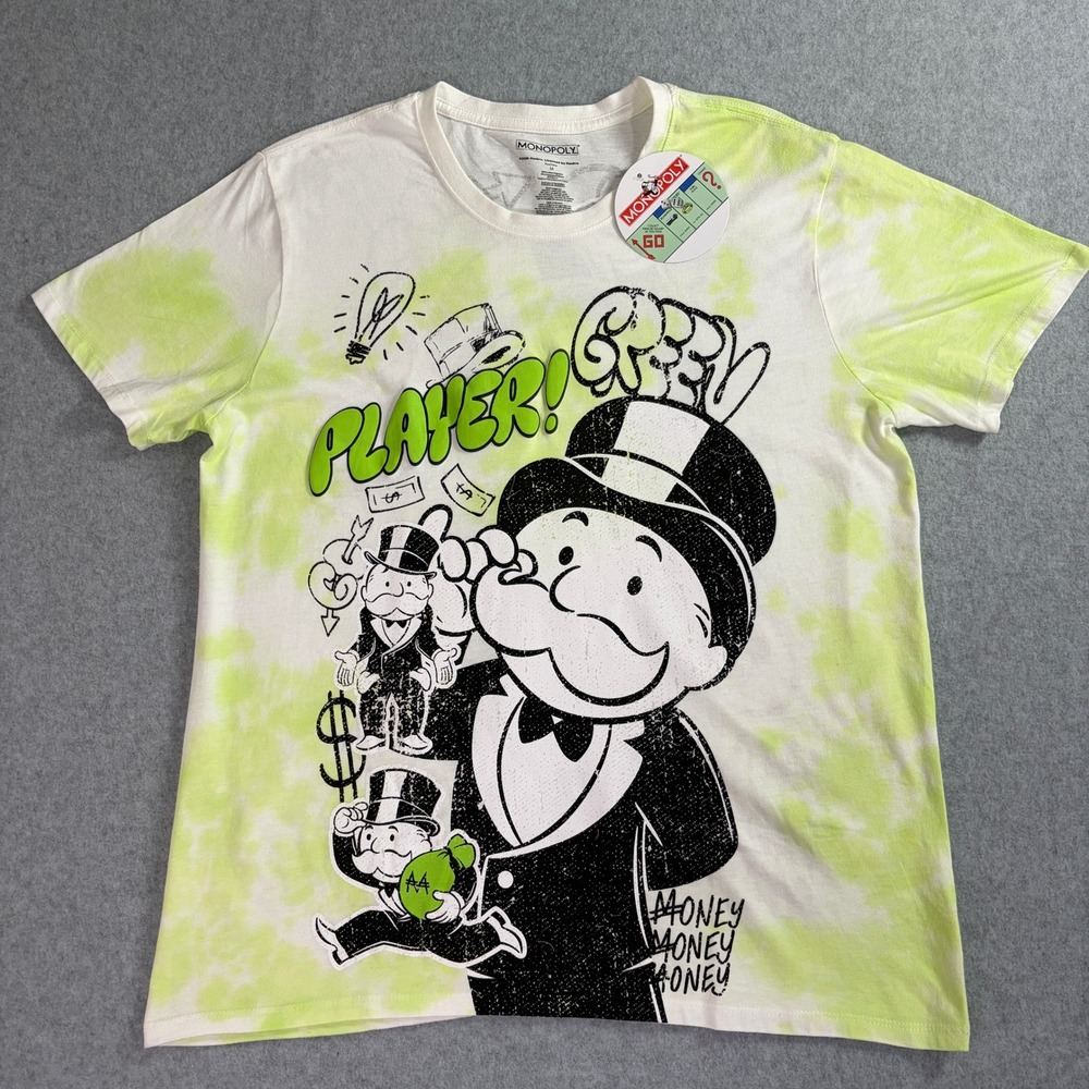 Monopoly Mr Monopoly Graphic T-Shirt Medium Lime Green Tie Dye Hasbro C-Life